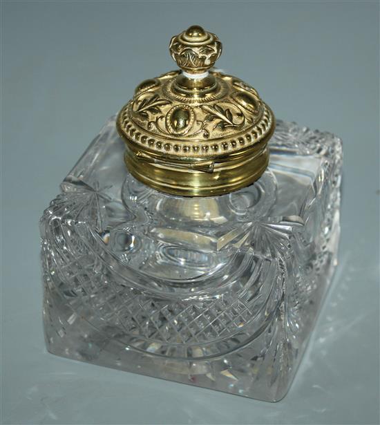 Victorian embossed brass and cut glass ink pot